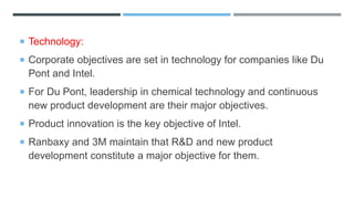  Technology:
 Corporate objectives are set in technology for companies like Du
Pont and Intel.
 For Du Pont, leadership in chemical technology and continuous
new product development are their major objectives.
 Product innovation is the key objective of Intel.
 Ranbaxy and 3M maintain that R&D and new product
development constitute a major objective for them.
 
