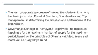  The term „corporate governance‟ means the relationship among
the three groups i.e. Board of Directors, Shareholders and Top
management, in determining the direction and performance of the
organization.
 Governance Concept in ‘Ramayana’ To provide “the maximum
happiness for the maximum number of people for the maximum
period, based on the principles of Dharma – righteousness and
moral values.” - Ayodhya Kand
 