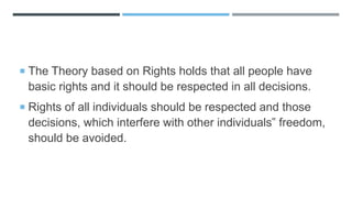  The Theory based on Rights holds that all people have
basic rights and it should be respected in all decisions.
 Rights of all individuals should be respected and those
decisions, which interfere with other individuals‟ freedom,
should be avoided.
 