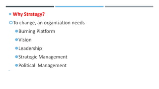  Why Strategy?
To change, an organization needs
Burning Platform
Vision
Leadership
Strategic Management
Political Management

 