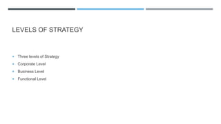 LEVELS OF STRATEGY
 Three levels of Strategy
 Corporate Level
 Business Level
 Functional Level
 