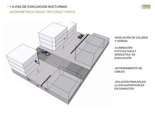 1.A VIAS DE EVACUACION NOCTURNAS
AXONOMÉTRICA CRUCE TIPO CRUZ Y PINTO




                                       -NIVELACIÓN DE CALZADA
                                       Y VEREDA

                                       -ILUMINACIÓN
                                       FOTOVOLTAICA Y
                                       SEÑALÉTICA DE
                                       EVACUACIÓN


                                       -SOTERRAMIENTO DE
                                       CABLES


                                       -SOLUCIÓN PARA AGUAS
                                       LLUVIA SUPERFICIALES
                                       EN CANALETAS
 