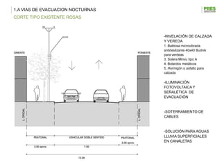 1.A VIAS DE EVACUACION NOCTURNAS
CORTE TIPO EXISTENTE ROSAS



                                   -NIVELACIÓN DE CALZADA
                                   Y VEREDA
                                   1. Baldosa microvibrada
                                   antideslizante 40x40 Budnik
                                   para verdeas
                                   3. Solera Minvu tipo A
                                   4. Bolardos metálicos
                                   5. Hormigón o asfalto para
                                   calzada

                                   -ILUMINACIÓN
                                   FOTOVOLTAICA Y
                                   SEÑALÉTICA DE
                                   EVACUACIÓN


                                   -SOTERRAMIENTO DE
                                   CABLES


                                   -SOLUCIÓN PARA AGUAS
                                   LLUVIA SUPERFICIALES
                                   EN CANALETAS
 