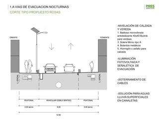 1.A VIAS DE EVACUACION NOCTURNAS
CORTE TIPO PROPUESTO ROSAS



                                   -NIVELACIÓN DE CALZADA
                                   Y VEREDA
                                   1. Baldosa microvibrada
                                   antideslizante 40x40 Budnik
                                   para verdeas
                                   3. Solera Minvu tipo A
                                   4. Bolardos metálicos
                                   5. Hormigón o asfalto para
                                   calzada

                                   -ILUMINACIÓN
                                   FOTOVOLTAICA Y
                                   SEÑALÉTICA DE
                                   EVACUACIÓN


                                   -SOTERRAMIENTO DE
                                   CABLES


                                   -SOLUCIÓN PARA AGUAS
                                   LLUVIA SUPERFICIALES
                                   EN CANALETAS
 