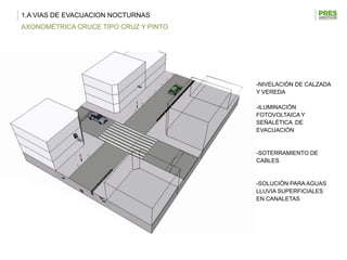 1.A VIAS DE EVACUACION NOCTURNAS
AXONOMÉTRICA CRUCE TIPO CRUZ Y PINTO




                                       -NIVELACIÓN DE CALZADA
                                       Y VEREDA

                                       -ILUMINACIÓN
                                       FOTOVOLTAICA Y
                                       SEÑALÉTICA DE
                                       EVACUACIÓN


                                       -SOTERRAMIENTO DE
                                       CABLES


                                       -SOLUCIÓN PARA AGUAS
                                       LLUVIA SUPERFICIALES
                                       EN CANALETAS
 