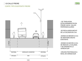1.B CALLE FREIRE
CORTE TIPO EXISTENTE FREIRE




                              - SE TRASLADAN
                              ESTACIONAMIENTOS EN
                              FREIRE HACIA CALLES
                              PERPENDICULARES

                              -SE REGULARIZA ANCHO
                              DE LA CALZADA EN 5.5m

                              -DONDE ES MENOR A 5.5m
                              SE MANTIENE ANCHO
                              EXISTENTE

                              -DONDE ES MAYOR A 5.5m
                              SE REDUCE LA CALZADA
                              Y SE ENSANCHA LA
                              VEREDA SUR

                              -CRUCES PEATONALES A
                              NIVEL EN VEREDA SUR
 