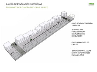 1.A VIAS DE EVACUACION NOCTURNAS
AXONOMÉTRICA CUADRA TIPO CRUZ Y PINTO




                                        -NIVELACIÓN DE CALZADA
                                        Y VEREDA

                                        -ILUMINACIÓN
                                        FOTOVOLTAICA Y
                                        SEÑALÉTICA DE
                                        EVACUACIÓN


                                        -SOTERRAMIENTO DE
                                        CABLES


                                        -SOLUCIÓN PARA AGUAS
                                        LLUVIA SUPERFICIALES
                                        EN CANALETAS
 