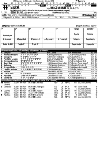 VSC Reunión 55, Miércoles 3 de Septiembre del año 2014 7ª Carrera 
Gral: CC 1º 2º 3º 4º NT Sumas VSC: CC 1º 2º 3º 4º NT RBP: CC 1º 2º 3º 4º NT Indices 1112 
Gris 
1 0 0 0 0 1 $0 7dsc 1 0 0 0 0 1 IE: 6,0 0 0 0 0 0 0 
MAUCHA 55k MARCO MORALES 25c 15h 4v (7,1%) 
HA 3a Dynamix (USA) y Reina Del Maule por Sam M. (Haras Las Rosas de Longaví) 
OSCAR SILVA S. 22c 16h 50v (13,1%) .vsc1100: 1-0-0-0-0-1 $0 12º 
SANREY Rojo, lunares y mangas blancas, gorra roja con lunares blancos 9º Probable 12,4 
27Ago14 425 V 1100an 1.10.52 55 M. Chamorro $1.7 Cd 12º /13 22¼ 55 Akane 3209 3 
23Ago Vp3 400n 0.24.36 10º/10 27Ago14 abierto (a) al partir 
1º 2º 3º 4º 5º Tiempo Ganador 
Ganada por 
Exacta Quinela 
A Segundo 1 A Segundo 2 A Tercero 1 A Tercero 2 A Tercero 3 Trifecta Cuatrifecta 
Doble de Mil Triple 1º Triple 2º Superfecta Enganche 
Ultimos resultados, eficiencias y dividendos probables 
N° Ejemplar Últimos 10 Resultados efi% Jinete efi% Preparador IE Div 
1 Hermosa Anabella 2º 4º 7º 10º 2º 11º 12º 3º 10,0% Bryan Orellana 17,2% Ernesto Guajardo J. 20,0 3,7 
3 Cantejeira 9º 6º 6º 15º 6º 14º 4º 8,3% Gerard Rodriguez 23,8% Luis Catena C. 13,0 5,7 
2 Puerta De La Luna 11º 7º 7º 8º 8º 4º 7º 3º 9º 5º 12,5% Jeremy Laprida 21,9% Emilio Padovani E. 12,0 6,2 
1a Hermosa Leontina 10º 10º 7º 12º 11º 10,7% Guillermo Pérez 17,2% Ernesto Guajardo J. 11,0 6,7 
5 Agus´ Kiss 12º Uº 7º 13º 3º 7º 4º 6º 6º 3º 4,5% Giuseppe Covarrubias 12,2% Genaro Covarrubias E. 10,0 7,4 
6 Sudorosa 7º Uº 12º 7,7% Wladimir Quinteros 5,3% Patricio González D. 9,0 8,2 
4 Dreams Of Glory 13º 10º 6º 7º 11º 5º 0,0% Mauricio Galáz 8,9% Alejandro Padovani E. 7,0 10,6 
7 Lauchita Mañosa 5º 8º Uº 8º 12º 7º 9º 9º 7º 8º 0,0% Humberto Vera 21,9% Emilio Padovani E. 6,0 12,4 
11 Maucha 12º 7,1% Marco Morales 13,1% Oscar Silva S. 6,0 12,4 
10 La Mas Bella Uº Uº 7º 7º 9º 11,1% Franco Olivares 3,1% Aldo Parra D. 5,0 14,8 
8 Papelona 12º 13º 11º 7º 10º 6º 6º 1,9% Francisco Soto 6,7% Luis Salinas T. 4,0 18,6 
9 Sabine Too 11º 10º 7º 12º 5º Uº 0,0% Alejandro Martínez 9,7% Rodrigo Sánchez Q. 3,0 24,7 
Actuaciones anteriores en misma pista y distancia (VSC - 1100m) 
1a Hermosa 
Leontina 
23Jun14 456 Van 1.10.50 55 V. Miranda $15.9 Cd 10º /13 15½ 55 La Mia Caterina 14 
3 Cantejeira 07Jul14 428 Van 1.10.29 50, G. Rodriguez $4.6 Cd 6º /11 12¼ 56 The Rasul 8 
04Jun14 423 Van 1.11.53 55 . $9.9 Cd 6º /13 7 55 Corre Iluminada 6 
7 Lauchita 
Mañosa 
23Jun14 402 Van 1.10.50 53, C. Poblete $82.4 Cd 12º /13 17¼ 55 La Mia Caterina 6 
04Jun14 407 Van 1.11.53 51 M. Contador $30.5 Cd 8º /13 9¼ 55 Corre Iluminada 5 
8 Papelona 07Jul14 435 Van 1.10.29 54 B. Orellana $195. Cd 11º /11 21 56 The Rasul 10 
23Jun14 432 Van 1.10.50 55 A. López $130. Cd 13º /13 23¾ 55 La Mia Caterina 3 
 