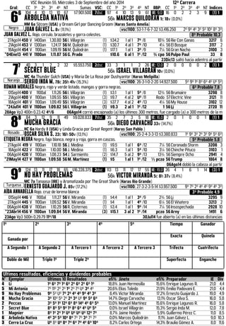 VSC Reunión 55, Miércoles 3 de Septiembre del año 2014 12ª Carrera 
Gral: CC 1º 2º 3º 4º NT Sumas VSC: CC 1º 2º 3º 4º NT RBP: CC 1º 2º 3º 4º NT Indices 66 
Negro 
104 4 10 13 10 67 $7.901.500 7dsc 97 4 10 13 9 61 IE: 9,0 16 0 2 2 3 9 (1) 1 
ARBOLEDA NATIVA 56k MARCOS QUILODRÁN 1c 18v (0,0%) 
HM 6a Sitcom (USA) y Dream Girl por Dancing Groom (Haras Santa Amelia) 
JUAN GÁLVEZ L. 8v (11,1%) .vsc1100: 53-1-7-6-7-32 $3.416.250 2º 9º 4º 3º 5º 10º 8º 3º 
JUAN GALVEZ L. Rojo, círculo, brazaletes y gorra celestes. 8º Probable 10,3 
27Ago14 450 V 1400an 1.30.80 56 I. Villagrán (1) $34.2 1 al 1 7º /8 10¾ 56 Rie Con Ganas 3217 6 
21Ago14 453 V 1300an 1.24.17 56 M. Quilodrán (1) $30.7 4 al 1 7º /10 4¼ 56 El Bosque 3117 2 
18Ago14 454 V 1100an 1.09.19 56 M. Quilodrán (1) $17.1 1 al 1 3º /9 7¼ 56 Gran Nacho 3100 3 
*04Ene13 441 V 1100an 1.11.87 56 G. Prado $10.6 6 al 1 1º /12 ¾ cpo 56 Pulpo Paul 33 8 
23Dic13 saltó hacia adentro al partir 77 
Naranjo 
40 3 1 2 2 32 $5.553.750 2dsc 33 3 1 1 2 26 IE: 12,0 2 0 0 0 0 2 (1) 1 
SECRET BLUE 56k ISRAEL VILLAGRÁN 10v (0,0%) 
MC 4a Thunder Gulch (USA) y Maria De La Rosa por Dushyantor (Haras Melipilla) 
SERGIO INDA M. 78c 35h 41v (15,3%) .vsc1100: 26-3-1-0-2-20 $4.927.500 5º 9º 1º 8º 6º 4º Uº 5º 
ROMAN MORALES Negro, rojo y verde listado, mangas y gorra negras. 6º Probable 7,8 
01Sep14 400 V 1100al 1.11.26 56 I. Villagrán (1) $3.1 1 al 1 5º /8 12¾ 56 Brumaire 3298 8 
21Ago14 400 V 1100an 1.09.55 55 I. Villagrán (3) $9.7 4 al 2 Uº /11 Rodo 57 Electric Vine 3121 11 
18Ago14 401 V 1100an 1.09.49 55 I. Villagrán (3) $37.7 4 al 2 4º /13 4¼ 56 My House 3102 12 
*24Jul14 401 V 1100an 1.09.82 56 I. Villagrán (1) $9.3 2 al 1 1º /12 1 56 Li 2720 11 
28Ago Vp3 400n 0.23.42 4º/6 06Ago14 corrió encajonado (a) los últimos 300 metros, fue cargado (a) a 300 metros de la m 88 
Rosado 
84 3 12 9 11 49 $9.028.833 7dsc 35 2 7 3 5 18 IE: 16,0 2 0 1 0 0 1 (1) 1 
MUCHA GRACIA 56k DIEGO CARVACHO 33v (14,7%) 
HC 6a Hardy II (USA) y Linda Gracia por Great Regent (Haras San Pablo ) 
OSCAR SILVA S. 22c 16h 50v (13,1%) .vsc1100: 25-2-4-3-3-13 $3.380.833 1º 9º 3º 2º 3º 9º 5º 6º 
ETIQUETA NEGRA Negro, faja blanca, negra y roja, gorra en cascos. 5º Probable 5,8 
27Ago14 419 V 1100an 1.10.18 56 J. Medina (1) $9.5 1 al 1 6º /12 7¼ 56 Coronado Storm 3208 3 
18Ago14 422 V 1100an 1.10.00 56 J. Medina (1) $6.3 1 al 1 5º /10 3¼ 56 Chinche Pituco 3103 1 
06Ago14 420 V 1100an 1.08.23 54 J. Sarmiento (2) $14.7 5 al 2 9º /13 13¾ 56 Siempre Ocho 2941 4 
*21May14 427 V 1100an 1.09.58 56 M. Martínez (1) $5 1 al 1 1º /12 ½ pczo 56Trump 1864 8 
06Ago14 dobló la cabeza al partir 99 
Turquesa 
124 13 11 17 18 65 $16.228.375 2dsc 113 13 11 17 17 55 IE: 19,0 26 4 1 6 1 14 (3) 1 
NO HAY PROBLEMAS 56k VICTOR MIRANDA 5c 8h 37v (8,4%) 
MC 7a Tanaasa (IRE) y Aromatizada por The Great Shark (Haras Rio Grande) 
ERNESTO GUAJARDO J. 85v (17,2%) .vsc1100: 27-3-2-3-5-14 $3.957.500 9º 7º 2º 4º 4º 9º 4º 3º 
AÍDA ANNABELLA Rojo, cruz de lorena blanca 3º Probable 4,9 
01Sep14 446 V 1100al 1.11.27 56 V. Miranda (1) $4.4 1 al 1 3º /9 2¾ 56 Li 3295 9 
27Ago14 445 V 1100an 1.09.52 56 V. Miranda (1) $4 1 al 1 4º /10 6¼ 56 El Viñatero 3213 2 
06Ago14 438 V 1100an 1.10.29 56 R. Cisternas (1) $3.4 1 al 1 9º /14 7¼ 56 Insospechada 2928 10 
*23Abr14 456 V 1100an 1.09.84 56 V. Miranda (3) $15.1 3 al 2 1º /14 pczo 56 Arny 1491 6 
23Ago Vp3 500n 0.29.79 11º/18 30Jul14 fue abierto (a) en las últimas distancias 
1º 2º 3º 4º 5º Tiempo Ganador 
Ganada por 
Exacta Quinela 
A Segundo 1 A Segundo 2 A Tercero 1 A Tercero 2 A Tercero 3 Trifecta Cuatrifecta 
Doble de Mil Triple 1º Triple 2º Superfecta Enganche 
Ultimos resultados, eficiencias y dividendos probables 
N° Ejemplar Últimos 10 Resultados efi% Jinete efi% Preparador IE Div 
4 Li 1º 6º 7º 1º 6º 2º 6º 2º 6º 1º 18,8% Juan Hermosilla 15,6% Enrique Lagunas R. 21,0 4,4 
5 Mi Antonia 7º 11º 2º 2º 1º 2º 7º Uº 3º 4º 20,6% Elías Toledo 21,9% Emilio Padovani E. 21,0 4,4 
9 No Hay Problemas 9º 5º Uº 7º 2º 4º 4º 9º 4º 3º 8,4% Victor Miranda 17,2% Ernesto Guajardo J. 19,0 4,9 
8 Mucha Gracia 3º 10º 5º 2º 2º 3º Uº 9º 5º 6º 14,7% Diego Carvacho 13,1% Oscar Silva S. 16,0 5,8 
2 Peccas 3º 5º 1º 12º 6º 8º 14º 4º 6º 5º 13,0% Manuel Martínez 15,6% Enrique Lagunas R. 16,0 5,8 
7 Secret Blue 8º 8º 5º 9º 1º 8º 6º 4º Uº 5º 0,0% Israel Villagrán 15,3% Sergio Inda M. 12,0 7,8 
1 Magnier 8º 1º 2º 1º Uº Uº Uº Uº 12º 7º 8,7% Jaime Heiden 5,9% Guillermo Pérez C. 11,0 8,5 
6 Arboleda Nativa 4º 3º 5º 10º 8º 7º 7º 3º 7º 7º 0,0% Marcos Quilodrán 11,1% Juan Gálvez L. 9,0 10,3 
3 Cerro La Cruz Uº 8º Uº 8º 7º 6º 7º 4º 6º 10º 8,2% Carlos Ortega 14,3% Braulio Gómez A. 8,0 11,6 
 