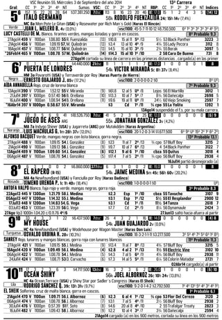 VSC Reunión 55, Miércoles 3 de Septiembre del año 2014 13ª Carrera 
Gral: CC 1º 2º 3º 4º NT Sumas VSC: CC 1º 2º 3º 4º NT RBP: CC 1º 2º 3º 4º NT Indices 56 
Verde 
157 15 22 28 28 64 $37.381.250 7dsc 113 8 16 23 20 46 IE: 17,0 15 1 2 4 3 5 (14) 12 
ITALO GERMANO 58k RODOLFO FUENZALIDA 24c 15h 14v (7,4%) 
MC 8a Mon Pote Le Gitan (USA) y Rosewater por Rich Man´s Gold (Haras El Rincón) 
JUAN L. MELERO B. 4v (0,0%) .vsc1100: 45-5-7-11-10-12 $8.750.500 6º 1º 3º 3º 3º 3º 4º 5º 
LUCY CASTELLI DE M. Blanco, tirantes verdes, mangas listadas y gorra en cascos. 8º Probable 9,3 
27Ago14 459 V 1100an 1.08.80 55 R. Fuenzalida (13) $10.8 15 al 11 5º /13 5½ 53 Black Panther 3223 3 
21Ago14 456 V 1100an 1.09.19 57, M. Quilodrán (13) $3.4 13 al 10 4º /9 4¾ 55 Lady Pecora 3112 8 
18Ago14 457 V 1100an 1.08.77 56 M. Quilodrán (13) $4.5 15 al 10 3º /9 2¾ 55 Borak 3097 5 
*26Feb14 465 V 1100an 1.08.78 57 M. Quilodrán (14) $14.3 15 al 10 1º /10 2 58 Cara De Bueno 731 8 
27Ago14 cortada su línea de carrera en las primeras distancias , cargado(a) en las primer 67 
Negro 
11 1 1 1 1 7 $4.440.000 21dsc 11 1 1 1 1 7 IE: 17,0 1 0 0 0 0 1 8 
PUERTA DE LONDRES 54k VICTOR MIRANDA 5c 8h 37v (8,4%) 
HM 3a Pavarotti (USA) y Terraverde por Roy (Haras Puerta de Hierro) 
ERNESTO GUAJARDO J. 85v (17,2%) .vsc1100: 2-0-0-0-0-2 $0 8º Uº 
AÍDA ANNABELLA Rojo, cruz de lorena blanca 7º Probable 9,3 
13Ago14 390 V 1700an 1.52.12 55 V. Miranda (9) $61.8 12 al 5 Uº /8 Lejos 56 El Martillo 3012 1 
21Jul14 397 V 1000pn 0.57.40 56 B. Orellana (10) $13.3 10 al 7 5º /7 8¾ 56 Dañecalpi 2698 5 
16Jul14 400 V 1100an 1.08.94 54 B. Orellana (11) $9.6 19 al 11 Uº /11 24½ 60 Viejo Smoking 2597 7 
*16Abr14 397 V 1000pn 0.58.67 55 V. Miranda $3 Cd 1º /11 ¾ cpo 55 La Yolita 1392 1 
13Ago14 suspendido el f.s. por su mala carrera. 78 
Naranjo 
72 11 5 6 9 41 $18.526.750 7dsc 41 5 2 3 6 25 IE: 12,0 0 0 0 0 0 0 (6) 9 
JUEGO DE ASES ARG 55k JONATHAN GONZÁLEZ 3v (4,2%) 
MA 7a Indygo Shiner (USA) y Jugarreta (ARG) por Mutakddim (Haras Argentina) 
LUIS MACHULAS G. 1m 28h 37v (12,0%) .vsc1100: 20-1-2-0-3-14 $1.677.500 6º 9º Uº 15º 2º 1º 6º 2º 
ALFONSO BACQUET Verde, mangas negras con lista blanca, gorra negra. 13º Probable 13,1 
27Ago14 488 V 1100an 1.09.15 54 J. González (8) $23 11 al 7 2º /13 ¾ cpo 57 Bluff Boy 3215 2 
21Ago14 490 V 1100an 1.09.13 56 J. González (9) $9.7 10 al 7 6º /13 4 54 Black Panther 3122 7 
13Ago14 489 V 1100an 1.09.60 54 J. González (6) $12.1 9 al 6 1º /10 cbza 55 Quitus 3018 4 
06Ago14 487 V 1100an 1.08.78 54 J. González (5) $17.4 7 al 5 2º /11 ¾ cpo 56 Bluff Boy 2938 4 
16Jul14 partió desmejorado (a) 89 
Rosado 
6 3 1 0 0 2 $6.860.000 377dsc 6 3 1 0 0 2 IE: 19,0 1 0 0 0 0 1 8 
EL RAPERO (R-15) 54k JAIME MEDINA 5m 45c 56h 60v (20,2%) 
MA 4a Newfoundland (USA) y Fanciulla por Roy (Haras Dadinco) 
XIMENO URENDA P. 1c 1h 40v (18,4%) .vsc1100: 1-0-0-0-0-1 $0 Uº 
ANTOFA VALPO Blanco, faja rojo y verde, mangas negras, gorra roja. 3º Probable 8,3 
22Ago13 445 V 1300an 1.21.79 58 J. Medina $2.3 Esp 1º /10 cbza 55 Tavucho 3107 9 
05Ago13 447 V 1200an 1.14.32 55 J. Medina $3.1 Esp 1º /12 5½ 55 El Resplandor 2900 12 
17Jul13 448 V 1200an 1.14.83 54, G. Vega $3.1 Cd 1º /11 11½ 54 Tanza 2618 7 
03Jul13 453 V 1300an 1.23.39 56 G. Vega $7.7 Cd 2º /9 8¼ 56 Dynamaule 2424 3 
27Ago Vp3 1000n 1.04.20 c/0.11.76 4º/6 27Jun13 saltó hacia afuera al partir 910 
Turquesa 
33 4 3 3 1 22 $6.437.500 7dsc 26 4 3 2 1 16 IE: 14,0 0 0 0 0 0 0 (4) 8 
MY HOUSE 54k JUAN GUAJARDO 2v (0,0%) 
HC 4a Newfoundland (USA) y Wodehouse por Wagon Master (Haras Don Luis) 
OSVALDO URBINA H. 28v (10,3%) .vsc1100: 18-3-2-1-1-11 $3.277.500 3º 5º 4º 7º 5º 6º 1º 8º 
SANREY Rojo, lunares y mangas blancas, gorra roja con lunares blancos 11º Probable 11,3 
27Ago14 421 V 1100an 1.09.15 55 J. Medina (9) $13.4 11 al 7 8º /13 4¾ 57 Bluff Boy 3215 5 
18Ago14 420 V 1100an 1.09.49 56 J. Medina (4) $2.8 4 al 2 1º /13 1½ 55 Electric Vine 3102 10 
06Ago14 422 V 1100an 1.08.78 54 J. Medina (5) $4.3 7 al 5 6º /11 4¾ 56 Bluff Boy 2938 11 
24Jul14 424 V 1100an 1.08.71 53 D. Carvacho (6) $7.3 14 al 5 5º /11 6¼ 58 Colorin Matador 2721 7 
02Abr14 cargado(a) al partir 1011 
Lila 
17 3 2 3 6 3 $4.717.500 13dsc 16 3 2 3 6 2 IE: 26,0 1 0 0 0 1 0 (6) 10 
OCEAN SHINY 56k JOEL ALBORNOZ 26c 10h 24v (13,8%) 
HC 4a Ocean Terrace (USA) y Shiny Star por Sadler´s Congress (Haras El Sheik) 
RODRIGO SÁNCHEZ Q. 39c 13h 31v (9,7%) .vsc1100: 9-2-0-1-4-2 $2.792.500 1º 4º 13º 5º 4º 3º 4º 1º 
EL SHEIK Solferino, cruz de malta blanca, gorra en cascos. 1º Probable 6,1 
21Ago14 470 V 1100an 1.09.71 56 J. Albornoz (6) $2.3 6 al 4 1º /12 ¾ cpo 53 Flor Del Cerezo 3120 2 
06Ago14 474 V 1100an 1.08.78 56 J. Albornoz (7) $3.1 7 al 5 4º /11 3½ 56 Bluff Boy 2938 2 
30Jul14 476 V 1000pn 0.57.39 51 F. Soto (8) $4.6 20 al 8 4º /10 2 55 Trafalgar Treaty 2823 3 
16Jul14 482 V 1100an 1.09.43 58 J. Albornoz (9) $2.2 10 al 4 3º /7 3¾ 56 Dañecalpi 2594 4 
21Ago14 cargado (a) en los 900 metros, cortada su línea en los 900 metros 
 