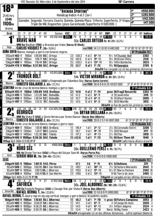 18ª 
VSC Reunión 55, Miércoles 3 de Septiembre del año 2014 18ª Carrera "Avenida Sporting" 
21:45 hrs 
Handicap Indice 4 al 2 (3a+) 
3340 
1100m 
1º $950.000 
2º $285.000 
3º $142.500 
4º $47.500 
Ganador, Segundo, Tercero, Exacta, Quinela, Quinela Place, Trifecta, Superfecta, 3ª Etapa 
Triple De Mil, Enganches (pozo Garantizado Superfecta $1.500.000.-) 
Arena 
Gral: CC 1º 2º 3º 4º NT Sumas VSC: CC 1º 2º 3º 4º NT RBP: CC 1º 2º 3º 4º NT Indices 11 
Rojo 
79 8 7 9 11 44 $15.158.500 2dsc 79 8 7 9 11 44 IE: 15,0 11 1 0 0 1 9 (1) 3 
BRAVE MAN 55k CARLOS ORTEGA 11c 4h 27v (8,2%) 
MM 6a Bouthan (FRA) y Bravaza por Iroko (Haras El Sheik) 
CARLOS VÁSQUEZ P. 26v (9,8%) .vsc1100: 14-1-2-1-0-10 $1.440.500 2º Uº 10º 5º 6º 13º 11º 8º 
DOÑA SOFÍA Blanco, mangas y gorra con lunares negros. 8º Probable 11,1 
01Sep14 483 V 1100al 1.09.89 55 C. Ortega (3) $30.3 4 al 2 8º /14 9½ 54 Thunder Bolt 3302 1 
21Ago14 482 V 1100an 1.09.71 54 C. Ortega (4) $61.8 6 al 4 11º /12 9¼ 56 Ocean Shiny 3120 9 
13Ago14 480 V 1100an 1.10.44 55 C. Ortega (5) $26.2 6 al 4 13º /14 9¼ 54 En Barbecho 3023 1 
*24Jul14 476 V 1000pn 0.57.88 56 C. Ortega (1) $3.7 6 al 1 1º /12 1½ 56 Georgico 2709 6 
24Jul14 fue cargado (a) en las primeras distancias 
Corral 
22 
Blanco 
95 9 12 12 11 51 $13.913.000 2dsc 83 9 12 9 9 44 IE: 19,0 11 1 1 0 1 8 (8) 2 
THUNDER BOLT 54k VICTOR MIRANDA 5c 8h 37v (8,4%) 
MC 5a Tumblebrutus (USA) y Enajenada por Columbus Day (Haras Santa Loreto) 
ERNESTO GUAJARDO J. 85v (17,2%) .vsc1100: 58-8-9-8-8-25 $9.927.000 2º 3º 4º 5º 2º 6º 4º 1º 
LEONTINA Verde, cruz de lorena blanca, mangas y gorra rojas. 3º Probable 8,8 
01Sep14 493 V 1100al 1.09.89 54 B. Orellana (2) $4.6 4 al 2 1º /14 pczo 56 Fragil Recuerdo 3302 14 
21Ago14 495 V 1300an 1.23.28 54 C. Bobadilla (4) $7.2 5 al 2 6º /9 4 55 Javierinha 3119 10 
18Ago14 496 V 1500an 1.36.94 52 C. Bobadilla (4) $5.7 10 al 4 Uº /6 15 55 Ghost Hunter 3095 1 
13Ago14 497 V 1700an 1.52.12 51 C. Bobadilla (5) $4.5 12 al 5 6º /8 10¼ 56 El Martillo 3012 4 
30Jul14 se fue de punta los primeros metros 
Corral 
29 
a 
Blanco 
237 24 29 32 31 121 $34.269.250 7dsc 216 22 28 29 29 108 IE: 17,0 43 7 6 2 5 23 (1) 2 
GEORGICO 54k BRYAN ORELLANA 1h 21v (10,0%) 
MM 9a Stuka II (USA) y Gesta Heroica por Green Dancer (Haras Don Alberto) 
ERNESTO GUAJARDO J. 85v (17,2%) .vsc1100: 20-0-2-3-1-14 $897.000 6º 3º 5º 12º 11º 7º 6º 2º 
LEONTINA Verde, cruz de lorena blanca, mangas y gorra rojas. 5º Probable 9,8 
27Ago14 484 V 1100an 1.10.18 56 B. Orellana (1) $16.4 1 al 1 2º /12 2¼ 56 Coronado Storm 3208 12 
21Ago14 483 V 1300an 1.24.17 56 R. Lizama (1) $8.7 4 al 1 9º /10 7¼ 56 El Bosque 3117 10 
13Ago14 482 V 1400an 1.32.30 56 E. Toledo (1) $17.2 1 al 1 4º /13 2½ 56 Chia 3010 13 
*26May14480 V 1000pn 0.58.36 56 E. Toledo (1) c$2.6 1 al 1 1º /13 1¾ 56 Over Them All 1940 1 
01Sep Vp3 200n 0.11.08 2º/7 30Jul14 saltó hacia afuera al partir 33 
Azul 
14 1 0 0 0 13 $900.000 13dsc 1 1 0 0 0 0 IE: 15,0 0 0 0 0 0 0 4 
NORD SEE 56k GUILLERMO PÉREZ 1c 11v (10,7%) 
MA 4a Ocean Terrace (USA) y Playa del Sol por Sam M. (Haras Porta Pía) 
SERGIO INDA M. 78c 35h 41v (15,3%) .vsc1100: 1-1-0-0-0-0 $900.000 1º 
ZEUS 7º Probable 11,1 
21Ago14 505 V 1100an 1.09.15 54 G. Pérez $7.1 Cd 1º /9 6¾ 52 Bahiano 3111 7 
18Jul14 506 C 1000pp 1.00.95 56 H. San Martin (1) $107. 1 al 1 10º /13 7¼ 56 Señora Marianita 2642 9 
10Jul14 507 H 1000an 1.00.13 55, J. Albornoz (2) $153. 8 al 2 11º /14 8¼ 57, Marco Pantani 2502 10 
03Jul14 508 H 1000ar 1.00.41 55, H. San Martin (3) $150. 4 al 2 13º /15 9 56, Tierra de Jose 2405 12 
30Ago Vp3 400n 0.22.70 1º/10 21Ago14 se cargaba en las últimas distancias. 44 
Amarillo 
43 4 3 5 4 27 $7.812.500 16dsc 26 3 2 1 0 20 IE: 22,0 2 0 1 0 0 1 (1) 4 
SAFIRICA 56k JOEL ALBORNOZ 26c 10h 24v (13,8%) 
HM 5a Fusaichi Pegasus (USA) y Savage Star por Stuka II (Haras Don Alberto) 
RAFAEL BERNAL T. 14v (23,8%) .vsc1100: 12-1-0-0-0-11 $900.000 8º 9º 8º 10º 7º 8º 7º 1º 
RAFAEL BERNAL T. Azul y rojo en zig zag vertical, mangas y gorra blanco, brazaletes azules. 1º Probable 7,6 
18Ago14 400 V 1100an 1.10.65 56 J. Albornoz (1) $8.2 1 al 1 1º /10 ½ pczo 56 Futura Campiona 3093 2 
30Jul14 405 V 1000pn 0.58.01 54 J. Albornoz (1) $11.1 3 al 1 6º /11 3 54 Juego De Ases 2820 2 
09Jul14 405 V 1000pn 0.58.25 55 J. Albornoz (2) $4.5 4 al 1 6º /13 3¼ 54 Don Jolgorio 2524 4 
02Jul14 406 V 1000pr 0.58.76 56 J. Albornoz (1) $3.4 1 al 1 2º /16 Nariz 56 Big Yamo 2423 6 
09Jul14 encajonado (a) en las últimas distancias. , sufrió epitaxis bilateral. 
 