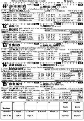 VSC Reunión 55, Miércoles 3 de Septiembre del año 2014 18ª Carrera 
Gral: CC 1º 2º 3º 4º NT Sumas VSC: CC 1º 2º 3º 4º NT RBP: CC 1º 2º 3º 4º NT Indices 1112 
Gris 
37 4 1 2 1 29 $4.930.833 7dsc 36 4 1 2 1 28 IE: 12,0 1 0 0 0 0 1 (2) 3 
LUEGO DE REPENTE 55k RODRIGO PAINEN 8c 5h 5v (12,9%) 
MC 4a Happy Hunting (USA) y La Señora Salió por Gallantsky (Haras Santa Olga) 
MARCOS HAERING E. 11v (0,0%) .vsc1100: 24-3-1-2-1-17 $3.330.833 4º 13º 14º 10º Uº 3º 1º 9º 
ROMAN MORALES Negro, rojo y verde listado, mangas y gorra negras. 13º Probable 13,9 
27Ago14 480 V 1100an 1.09.54 54 J. González (4) $23.8 6 al 4 9º /14 9½ 54 King Of Africa 3221 10 
04Ago14 465 V 1300an 1.23.66 57 A. Morales (5) $27.4 5 al 1 10º /11 20½ 57 Ghost Hunter 2909 3 
30Jul14 478 V 1100an 1.09.97 53 W. Quinteros (2) $24.5 6 a 2 1º /16 ½ cbza 55 Che Tano 2827 2 
21Jul14 476 V 1100an 1.09.98 53 J. González (2) $66.8 5 al 2 3º /15 ½ cpo 55 Flor Del Cerezo 2706 2 
27Ago14 cargado(a) en las primeras distancias 1213 
Verde Lima 
57 6 4 1 5 41 $6.074.000 7dsc 49 6 4 1 5 33 IE: 14,0 12 2 1 1 0 8 (1) 4 
VICHAYITO 56k SERGIO REYES 5v (0,0%) 
MA 6a Monthir (USA) y Buhita por Sadler´s Congress (Lionel Soffia G.) 
OSCAR SILVA S. 22c 16h 50v (13,1%) .vsc1100: 27-3-2-0-4-18 $3.096.000 2º 4º 6º 4º 5º 1º 4º 8º 
BUCAREST Blanco, faja, mangas y gorra moradas. 9º Probable 11,9 
27Ago14 470 V 1100an 1.09.54 55 V. Miranda (5) $20.2 6 al 4 8º /14 7¾ 54 King Of Africa 3221 11 
13Ago14 465 V 1100an 1.09.60 54 V. Miranda (6) $23.1 9 al 6 4º /10 4¼ 54 Juego De Ases 3018 6 
30Jul14 463 V 1100an 1.09.61 56 D. Carvacho (1) $5.5 1 al 1 1º /16 4 56 Pulpo Paul 2814 3 
24Jul14 468 V 1100an 1.09.82 56 D. Carvacho (1) $5.1 2 al 1 5º /12 4½ 56 Secret Blue 2720 9 
23Ago Vp3 500n 0.29.89 12º/18 13Ago14 cargado(a) en la curva 1314 
Café 
75 6 6 5 4 54 $12.080.500 7dsc 39 3 2 3 3 28 IE: 13,0 8 2 0 1 0 5 (1) 3 
DE GRANADA 55k ISRAEL VILLAGRÁN 10v (0,0%) 
HC 5a Until Sundown (USA) y Diosa Tato por Golden Voyager (Haras Matancilla) 
LUIS MACHULAS G. 1m 28h 37v (12,0%) .vsc1100: 21-2-0-2-0-17 $1.908.500 8º 6º 11º 8º 8º 9º Uº 13º 
ARTHEC FERGUS Verde, mangas verde y negro en rombos, gorra negra con estrella verde. 12º Probable 12,8 
27Ago14 420 V 1100an 1.09.54 54 I. Villagrán (4) $45.5 6 al 4 13º /14 13½ 54 King Of Africa 3221 5 
06Ago14 412 V 1100an 1.08.78 54 J. Sarmiento (5) $27.8 7 al 5 Uº /11 17¾ 56 Bluff Boy 2938 10 
30Jul14 416 V 1000pn 0.57.93 55 J. Guajardo (6) $37.7 7 al 4 6º /13 3¼ 56 La Kakuna 2822 6 
*03Jul14 423 H 1000ar 1.00.25 56, G. Rodriguez (1) $3.0 1 al 1 1º /14 1½56, Hot´n Cold 2396 5 
27Ago14 fue cargado (a) al partir 1415 
Castaño 
42 2 4 3 1 32 $4.327.500 126dsc 40 2 4 3 1 30 IE: 9,0 0 0 0 0 0 0 (2) 2 
CHICO MADRID (R-5) 54k CLAUDIO POBLETE 6v (0,0%) 
M 4a Hurricane Cat (USA) y Vasca Terca por Tanaasa (Haras Porta Pía) 
GUILLERMO PÉREZ C. 22v (5,9%) .vsc1100: 18-1-2-0-0-15 $2.380.000 12º Uº 10º 11º 13º 8º 13º 9º 
A.Y.M. Azul, cruzado, brazaletes y gorra azules 16º Probable 18,5 
30Abr14 435 V 1000pn 0.57.45 55 M. Quilodrán (7) $5.2 9 al 5 3º /13 2 55 Siempre Ocho 1599 6 
23Abr14 437 V 1000pn 0.58.15 56 M. Quilodrán (2) $6.9 2 al 1 1º /11 2 56 Futura Campiona 1486 7 
16Abr14 437 V 1000pn 0.58.27 56 J. Hermosilla (1) $8.5 1 al 1 2º /15 2 56 Medaketiya 1391 7 
14Abr14 442 V 800pn 0.45.36 56 A. Maureira (1) $10.7 1 al 1 7º /11 2¼ 56 Safari Cat 1381 8 
30Ago Vp3 400n 0.23.66 7º/10 23Abr14 zigzagueó en los ultimos 300 metros 1516 
Bronceado 
59 8 4 6 5 36 $11.382.500 7dsc 40 5 2 3 4 26 IE: 16,0 2 0 0 0 0 2 (1) 2 
TORITO BRAVO 54k DIEGO CARVACHO 33v (14,7%) 
CM 6a Tumblebrutus (USA) y Maramu por Memo (Haras Mocito Guapo) 
LUIS MACHULAS G. 1m 28h 37v (12,0%) .vsc1100: 33-5-2-3-3-20 $5.699.500 1º 6º 6º 10º 5º 2º 3º 4º 
BACQUET Y ALEGRE Verde, mangas y gorra negra, lista blanca, anillos verdes. 6º Probable 10,4 
27Ago14 538 V 1100an 1.09.76 56 B. González (3) $5.1 3 al 2 4º /14 2 55 Esclavo De Ti 3222 1 
21Ago14 537 V 1100an 1.09.55 56 B. González (3) $4.9 4 al 2 3º /11 3½ 57 Electric Vine 3121 7 
13Ago14 538 V 1100an 1.09.98 55 D. Carvacho (2) $7.4 3 al 2 2º /12 2¼ 56 Black Panther 3025 6 
*07Jul14 535 V 1100an 1.10.62 56 D. Carvacho (1) $5.3 1 al 1 1º /11 3½ 56 Belle France 2479 10 
06Ago14 fue cortada su línea de carrera en los 900 metros, fue cargado(a) en los 900 metr 
1º 2º 3º 4º 5º Tiempo Ganador 
Ganada por 
Exacta Quinela 
A Segundo 1 A Segundo 2 A Tercero 1 A Tercero 2 A Tercero 3 Trifecta Cuatrifecta 
Doble de Mil Triple 1º Triple 2º Superfecta Enganche 
 