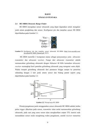 6
BAB II
TINJAUAN PUSTAKA
2.1 HC-SR04 Ultrasonic Range Finder
HC-SR04 merupakan sensor ultrasonik yang dapat digunakan untuk mengukur
jarak antara penghalang dan sensor. Konfigurasi pin dan tampilan sensor HC-SR04
diperlihatkan pada Gambar 2.1.
Gambar 2.1 Konfigurasi pin dan tampilan sensor ultrasonik HC-SR04 (http://www.accudiy.com/
download/HC-SR04_Manual.pdf, 2015)
HC-SR04 memiliki 2 komponen utama sebagai penyusunnya yaitu ultrasonic
transmitter dan ultrasonic receiver. Fungsi dari ultrasonic transmitter adalah
memancarkan gelombang ultrasonik dengan frekuensi 40 KHz kemudian ultrasonic
receiver menangkap hasil pantulan gelombang ultrasonik yang mengenai suatu objek.
Waktu tempuh gelombang ultrasonik dari pemancar hingga sampai ke penerima
sebanding dengan 2 kali jarak antara sensor dan bidang pantul seperti yang
diperlihatkan pada Gambar 2.2
Gambar 2.2 Prinsip kerja HC-SR04
Prinsip pengukuran jarak menggunakan sensor ultrasonik HC-SR04 adalah, ketika
pulsa trigger diberikan pada sensor, transmitter akan mulai memancarkan gelombang
ultrasonik, pada saat yang sama sensor akan menghasilkan output TTL transisi naik
menandakan sensor mulai menghitung waktu pengukuran, setelah receiver menerima
 