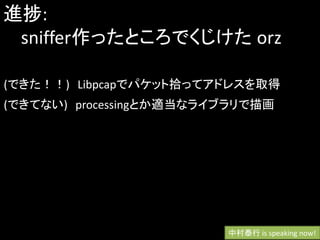 進捗:
 sniffer作ったところでくじけた orz

(できた！！) Libpcapでパケット拾ってアドレスを取得
(できてない) processingとか適当なライブラリで描画




                         中村泰行 is speaking now!
 