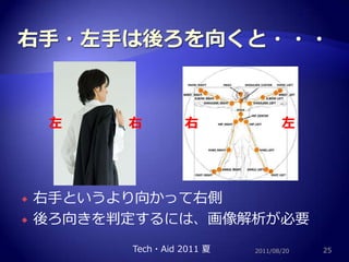 右手・左手は後ろを向くと・・・右手というより向かって右側後ろ向きを判定するには、画像解析が必要2011/08/2025Tech・Aid 2011 夏右右左左