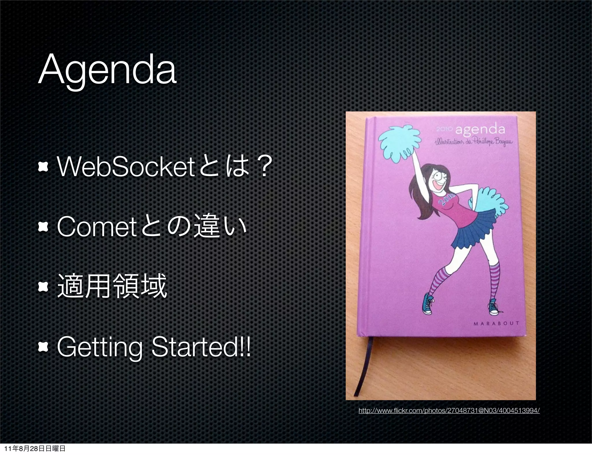 Agenda

              WebSocket

              Comet



              Getting Started!!

                                  http://www.ﬂickr.com/photos/27048731@N03/4004513994/




11   8   28
 