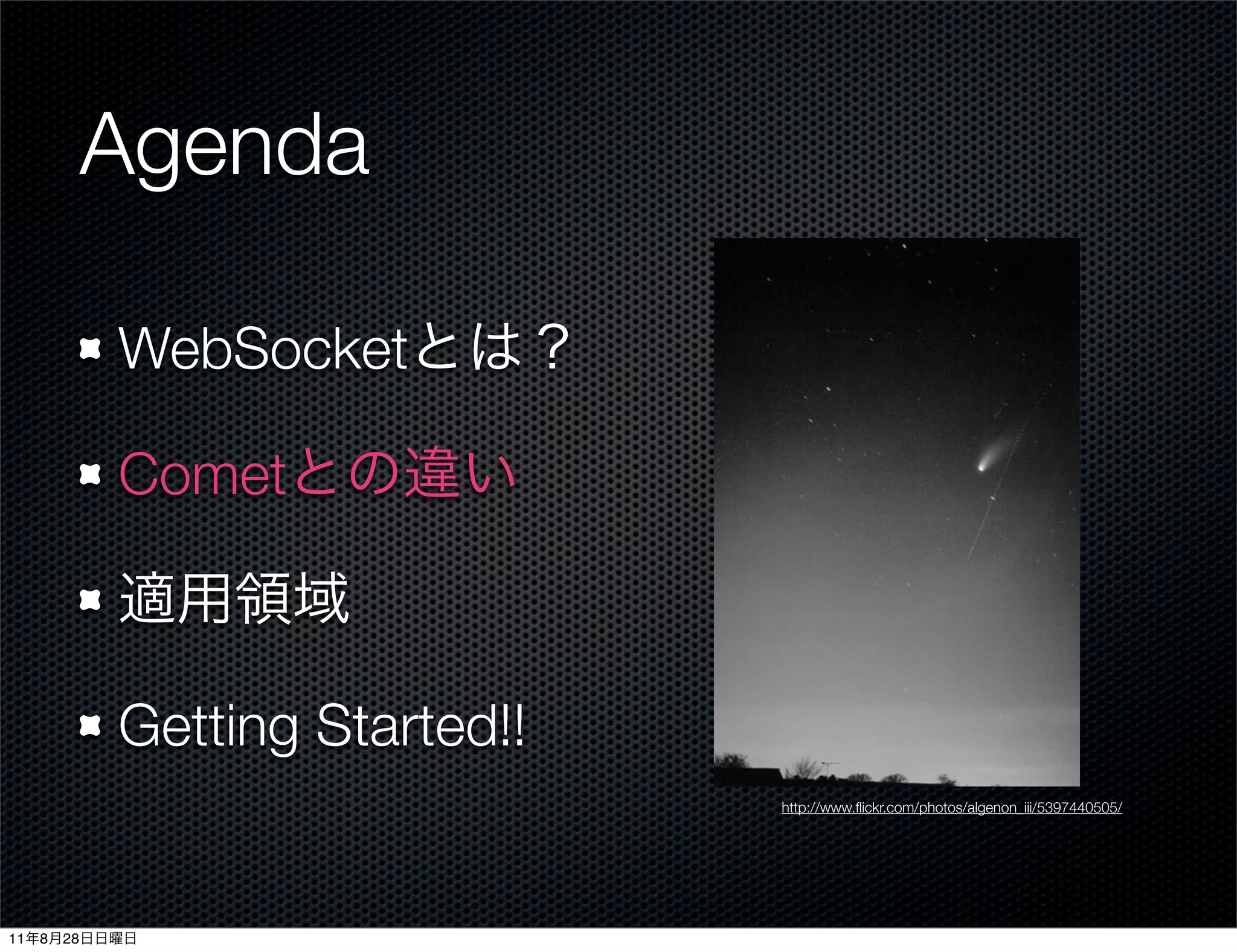 Agenda

              WebSocket

              Comet



              Getting Started!!
                                  http://www.ﬂickr.com/photos/algenon_iii/5397440505/




11   8   28
 