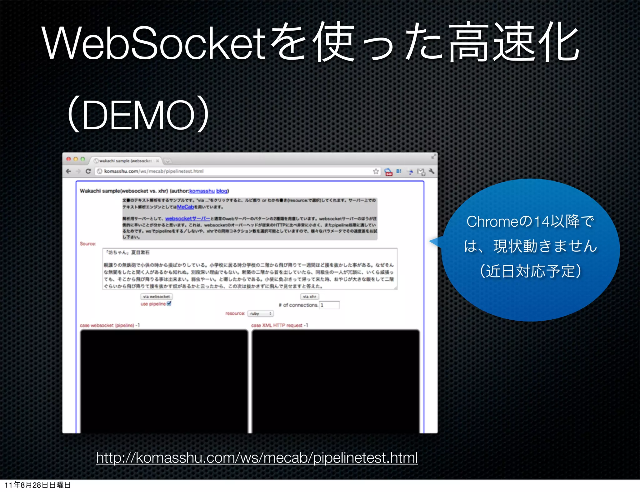 WebSocket
               DEMO

                                                                 Chrome 14




                http://komasshu.com/ws/mecab/pipelinetest.html
11   8   28
 