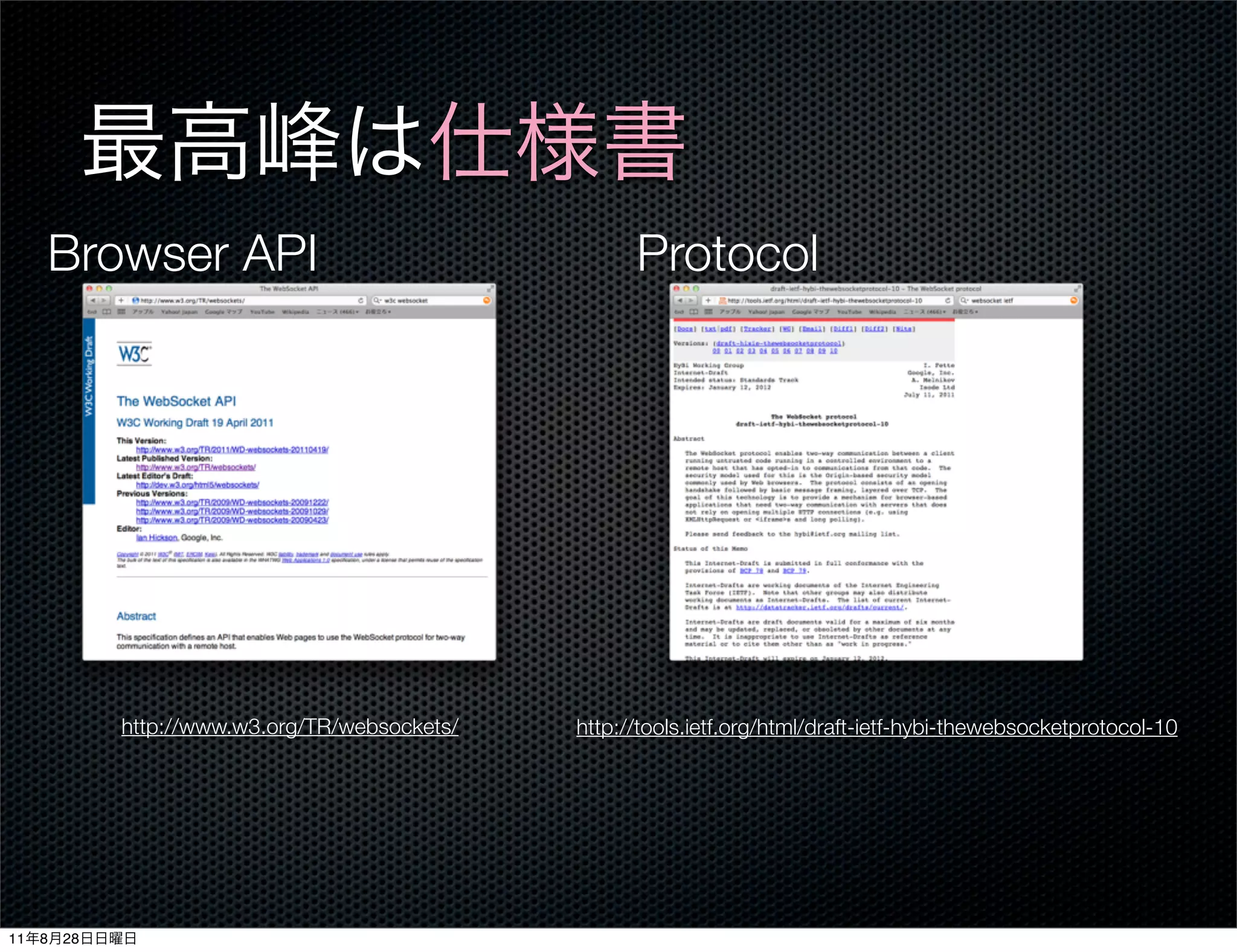 Browser API                                       Protocol




              http://www.w3.org/TR/websockets/   http://tools.ietf.org/html/draft-ietf-hybi-thewebsocketprotocol-10




11   8   28
 