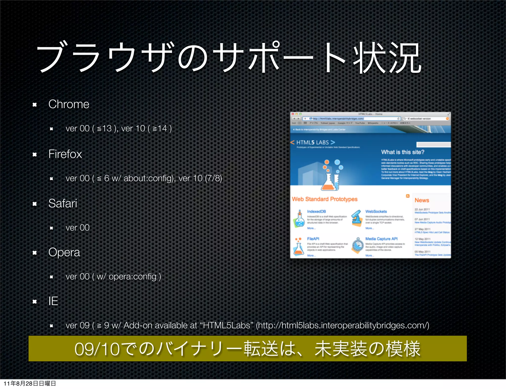 Chrome
                   ver 00 ( ≦13 ), ver 10 ( ≧14 )


              Firefox
                   ver 00 ( ≦ 6 w/ about:conﬁg), ver 10 (7/8)

              Safari
                   ver 00

              Opera
                   ver 00 ( w/ opera:conﬁg )

              IE
                   ver 09 ( ≧ 9 w/ Add-on available at “HTML5Labs” (http://html5labs.interoperabilitybridges.com/)


                     09/10
11   8   28
 