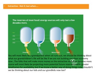 •   Extractive: Not if, but when….




    You will most likely be a grandparent when oil runs out; we should be thinking about
    what our grandchildren’s life will be like if we are not building our clean economy
    now…The folks that will make more money as the extractive resources become more
    scarce will most likely be projecting more potential future reserves and/or greater
    timeframes for availability, but if we know a better way of doing things now, shouldn’t
    we be thinking about our kids and our grandkids now too?
 