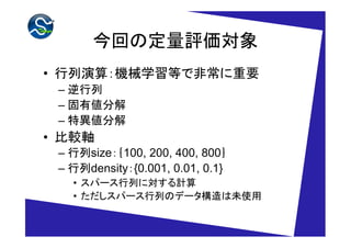 今回の定量評価対象
• 行列演算：機械学習等で非常に重要
 – 逆行列
 – 固有値分解
 – 特異値分解
• 比較軸
 – 行列size：｛100, 200, 400, 800｝
 – 行列density：{0.001, 0.01, 0.1}
   • スパース行列に対する計算
   • ただしスパース行列のデータ構造は未使用
 