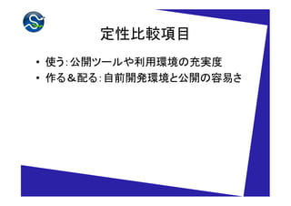 定性比較項目
• 使う：公開ツールや利用環境の充実度
• 作る＆配る：自前開発環境と公開の容易さ
 