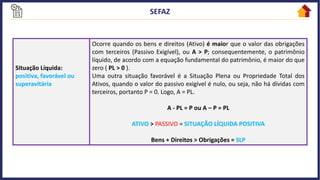 Situação Líquida:
positiva, favorável ou
superavitária
Ocorre quando os bens e direitos (Ativo) é maior que o valor das obrigações
com terceiros (Passivo Exigível), ou A > P; consequentemente, o patrimônio
líquido, de acordo com a equação fundamental do patrimônio, é maior do que
zero ( PL > 0 ).
Uma outra situação favorável é a Situação Plena ou Propriedade Total dos
Ativos, quando o valor do passivo exigível é nulo, ou seja, não há dívidas com
terceiros, portanto P = 0. Logo, A = PL.
A - PL = P ou A – P = PL
ATIVO > PASSIVO = SITUAÇÃO LÍQUIDA POSITIVA
Bens + Direitos > Obrigações = SLP
 