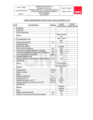 Proy. N° 110881
110881-200-7-ET-002
Revisión: 1
MINERA CHINALCO PERU S.A
INGENIERIA DE DETALLE
REASENTAMIENTO DE LA CIUDAD DE MOROCOCHA
ESPECIFICACIONES TECNICAS MATERIALES
RED SECUNDARIA
ELECTRICIDAD
Fecha: 17/12/2010
Página 18 de 84
CABLE AUTOPORTANTE CAAI DE 3x50 +16/35 mm2 (PARTE 1 DE 2)
ITEM DESCRIPCIÓN UNIDAD
VALOR
REQUERIDO
VALOR
GARANTIZADO
1 GENERAL
Fabricante
País de fabricación
Norma
Según numeral
2.0
2 DESIGNACION CAAI :
3x50 + 16/35
mm2
Tensión Nominal Eo/E kV 0,6/1
Reunión de fases
Sentido del cableado Izquierdo
Paso máximo de cableado mm 900
Temperatura máxima a condiciones normales °C 90
Temperatura máxima en cortocircuito (5 s. Máximo) °C 250
Peso total del cable (Referencial) kg/km 711
3 CONDUCTOR DE FASE
Diámetro nominal exterior conductor más aislamiento mm 10.8
Conductor
Norma NTP 370.254
Material
Aluminio 1350 –
H19
Conductividad %IACS 61,2
Sección nominal mm2 50
Clase A
Número de alambres N° 7
Densidad a 20 ° C kg / m3 2705
Resistividad eléctrica a 20 °C Ωmm2/m 0,028172
Resistencia eléctrica máxima en CC a 20°C Ohm/km 0,641
Aislamiento
Material
Polietileno
reticulado
Color Negro
Espesor nominal promedio mm 1,6
Tensión de ensayo de continuidad de aislación kV 5,5
 