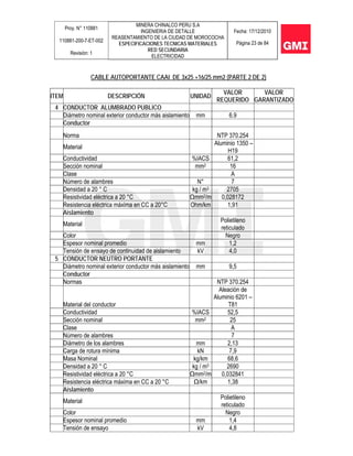 Proy. N° 110881
110881-200-7-ET-002
Revisión: 1
MINERA CHINALCO PERU S.A
INGENIERIA DE DETALLE
REASENTAMIENTO DE LA CIUDAD DE MOROCOCHA
ESPECIFICACIONES TECNICAS MATERIALES
RED SECUNDARIA
ELECTRICIDAD
Fecha: 17/12/2010
Página 23 de 84
CABLE AUTOPORTANTE CAAI DE 3x25 +16/25 mm2 (PARTE 2 DE 2)
ITEM DESCRIPCIÓN UNIDAD
VALOR
REQUERIDO
VALOR
GARANTIZADO
4 CONDUCTOR ALUMBRADO PUBLICO
Diámetro nominal exterior conductor más aislamiento mm 6.9
Conductor
Norma NTP 370.254
Material
Aluminio 1350 –
H19
Conductividad %IACS 61,2
Sección nominal mm2 16
Clase A
Número de alambres N° 7
Densidad a 20 ° C kg / m3 2705
Resistividad eléctrica a 20 °C Ωmm2/m 0,028172
Resistencia eléctrica máxima en CC a 20°C Ohm/km 1,91
Aislamiento
Material
Polietileno
reticulado
Color Negro
Espesor nominal promedio mm 1,2
Tensión de ensayo de continuidad de aislamiento kV 4,0
5 CONDUCTOR NEUTRO PORTANTE
Diámetro nominal exterior conductor más aislamiento mm 9,5
Conductor
Normas NTP 370.254
Material del conductor
Aleación de
Aluminio 6201 –
T81
Conductividad %IACS 52,5
Sección nominal mm2 25
Clase A
Número de alambres 7
Diámetro de los alambres mm 2,13
Carga de rotura mínima kN 7,9
Masa Nominal kg/km 68,6
Densidad a 20 ° C kg / m3 2690
Resistividad eléctrica a 20 °C Ωmm2/m 0,032841
Resistencia eléctrica máxima en CC a 20 °C Ω/km 1,38
Aislamiento
Material
Polietileno
reticulado
Color Negro
Espesor nominal promedio mm 1,4
Tensión de ensayo kV 4,8
 