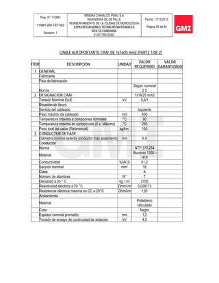 Proy. N° 110881
110881-200-7-ET-002
Revisión: 1
MINERA CHINALCO PERU S.A
INGENIERIA DE DETALLE
REASENTAMIENTO DE LA CIUDAD DE MOROCOCHA
ESPECIFICACIONES TECNICAS MATERIALES
RED SECUNDARIA
ELECTRICIDAD
Fecha: 17/12/2010
Página 26 de 84
CABLE AUTOPORTANTE CAAI DE 1x16/25 mm2 (PARTE 1 DE 2)
ITEM DESCRIPCIÓN UNIDAD
VALOR
REQUERIDO
VALOR
GARANTIZADO
1 GENERAL
Fabricante
País de fabricación
Norma
Según numeral
2.0
2 DESIGNACION CAAI : 1x16/25 mm2
Tensión Nominal Eo/E kV 0,6/1
Reunión de fases
Sentido del cableado Izquierdo
Paso máximo de cableado mm 650
Temperatura máxima a condiciones normales °C 90
Temperatura máxima en cortocircuito (5 s. Máximo) °C 250
Peso total del cable (Referencial) kg/km 165
3 CONDUCTOR DE FASE
Diámetro nominal exterior conductor más aislamiento mm 6.9
Conductor
Norma NTP 370.254
Material
Aluminio 1350 –
H19
Conductividad %IACS 61,2
Sección nominal mm2 16
Clase A
Número de alambres N° 7
Densidad a 20 ° C kg / m3 2705
Resistividad eléctrica a 20 °C Ωmm2/m 0,028172
Resistencia eléctrica máxima en CC a 20°C Ohm/km 1,91
Aislamiento
Material
Polietileno
reticulado
Color Negro
Espesor nominal promedio mm 1,2
Tensión de ensayo de continuidad de aislación kV 4,0
 