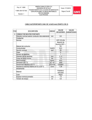 Proy. N° 110881
110881-200-7-ET-002
Revisión: 1
MINERA CHINALCO PERU S.A
INGENIERIA DE DETALLE
REASENTAMIENTO DE LA CIUDAD DE MOROCOCHA
ESPECIFICACIONES TECNICAS MATERIALES
RED SECUNDARIA
ELECTRICIDAD
Fecha: 17/12/2010
Página 27 de 84
CABLE AUTOPORTANTE CAAI DE 1x16/25 mm2 (PARTE 2 DE 2)
ITEM DESCRIPCIÓN UNIDAD
VALOR
REQUERIDO
VALOR
GARANTIZADO
4 CONDUCTOR NEUTRO PORTANTE
Diámetro nominal exterior conductor más aislamiento mm 9,5
Conductor
Normas NTP 370.254
Material del conductor
Aleación de
Aluminio 6201 –
T81
Conductividad %IACS 52,5
Sección nominal mm2 25
Clase A
Número de alambres 7
Diámetro de los alambres mm 2,13
Carga de rotura mínima kN 7,9
Masa Nominal kg/km 68,6
Densidad a 20 ° C kg / m3 2690
Resistividad eléctrica a 20 °C Ωmm2/m 0,032841
Resistencia eléctrica máxima en CC a 20 °C Ω/km 1,38
Aislamiento
Material
Polietileno
reticulado
Color Negro
Espesor nominal promedio mm 1,4
Tensión de ensayo kV 4,8
 
