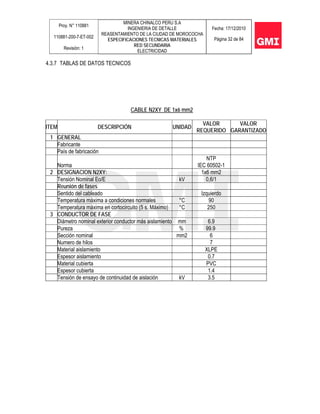 Proy. N° 110881
110881-200-7-ET-002
Revisión: 1
MINERA CHINALCO PERU S.A
INGENIERIA DE DETALLE
REASENTAMIENTO DE LA CIUDAD DE MOROCOCHA
ESPECIFICACIONES TECNICAS MATERIALES
RED SECUNDARIA
ELECTRICIDAD
Fecha: 17/12/2010
Página 32 de 84
4.3.7 TABLAS DE DATOS TECNICOS
CABLE N2XY DE 1x6 mm2
ITEM DESCRIPCIÓN UNIDAD
VALOR
REQUERIDO
VALOR
GARANTIZADO
1 GENERAL
Fabricante
País de fabricación
Norma
NTP
IEC 60502-1
2 DESIGNACION N2XY: 1x6 mm2
Tensión Nominal Eo/E kV 0,6/1
Reunión de fases
Sentido del cableado Izquierdo
Temperatura máxima a condiciones normales °C 90
Temperatura máxima en cortocircuito (5 s. Máximo) °C 250
3 CONDUCTOR DE FASE
Diámetro nominal exterior conductor más aislamiento mm 6.9
Pureza % 99.9
Sección nominal mm2 6
Numero de hilos 7
Material aislamiento XLPE
Espesor aislamiento 0.7
Material cubierta PVC
Espesor cubierta 1.4
Tensión de ensayo de continuidad de aislación kV 3.5
 