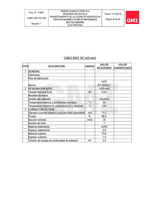 Proy. N° 110881
110881-200-7-ET-002
Revisión: 1
MINERA CHINALCO PERU S.A
INGENIERIA DE DETALLE
REASENTAMIENTO DE LA CIUDAD DE MOROCOCHA
ESPECIFICACIONES TECNICAS MATERIALES
RED SECUNDARIA
ELECTRICIDAD
Fecha: 17/12/2010
Página 34 de 84
CABLE N2XY DE 1x35 mm2
ITEM DESCRIPCIÓN UNIDAD
VALOR
REQUERIDO
VALOR
GARANTIZADO
1 GENERAL
Fabricante
País de fabricación
Norma
NTP
IEC 60502-1
2 DESIGNACION N2XY: 1x35 mm2
Tensión Nominal Eo/E kV 0,6/1
Reunión de fases
Sentido del cableado Izquierdo
Temperatura máxima a condiciones normales °C 90
Temperatura máxima en cortocircuito (5 s. Máximo) °C 250
3 CONDUCTOR DE FASE
Diámetro nominal exterior conductor más aislamiento mm 11.7
Pureza % 99.9
Sección nominal mm2 35
Numero de hilos 7
Material aislamiento XLPE
Espesor aislamiento 0.9
Material cubierta PVC
Espesor cubierta 1.4
Tensión de ensayo de continuidad de aislación kV 3.5
 