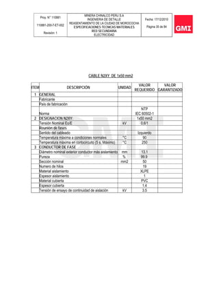 Proy. N° 110881
110881-200-7-ET-002
Revisión: 1
MINERA CHINALCO PERU S.A
INGENIERIA DE DETALLE
REASENTAMIENTO DE LA CIUDAD DE MOROCOCHA
ESPECIFICACIONES TECNICAS MATERIALES
RED SECUNDARIA
ELECTRICIDAD
Fecha: 17/12/2010
Página 35 de 84
CABLE N2XY DE 1x50 mm2
ITEM DESCRIPCIÓN UNIDAD
VALOR
REQUERIDO
VALOR
GARANTIZADO
1 GENERAL
Fabricante
País de fabricación
Norma
NTP
IEC 60502-1
2 DESIGNACION N2XY: 1x50 mm2
Tensión Nominal Eo/E kV 0,6/1
Reunión de fases
Sentido del cableado Izquierdo
Temperatura máxima a condiciones normales °C 90
Temperatura máxima en cortocircuito (5 s. Máximo) °C 250
3 CONDUCTOR DE FASE
Diámetro nominal exterior conductor más aislamiento mm 13.1
Pureza % 99.9
Sección nominal mm2 50
Numero de hilos 19
Material aislamiento XLPE
Espesor aislamiento 1
Material cubierta PVC
Espesor cubierta 1.4
Tensión de ensayo de continuidad de aislación kV 3.5
 