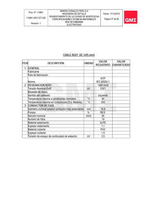 Proy. N° 110881
110881-200-7-ET-002
Revisión: 1
MINERA CHINALCO PERU S.A
INGENIERIA DE DETALLE
REASENTAMIENTO DE LA CIUDAD DE MOROCOCHA
ESPECIFICACIONES TECNICAS MATERIALES
RED SECUNDARIA
ELECTRICIDAD
Fecha: 17/12/2010
Página 37 de 84
CABLE N2XY DE 1x95 mm2
ITEM DESCRIPCIÓN UNIDAD
VALOR
REQUERIDO
VALOR
GARANTIZADO
1 GENERAL
Fabricante
País de fabricación
Norma
NTP
IEC 60502-1
2 DESIGNACION N2XY: 1x95 mm2
Tensión Nominal Eo/E kV 0,6/1
Reunión de fases
Sentido del cableado Izquierdo
Temperatura máxima a condiciones normales °C 90
Temperatura máxima en cortocircuito (5 s. Máximo) °C 250
3 CONDUCTOR DE FASE
Diámetro nominal exterior conductor más aislamiento mm 16.9
Pureza % 99.9
Sección nominal mm2 95
Numero de hilos 19
Material aislamiento XLPE
Espesor aislamiento 1.1
Material cubierta PVC
Espesor cubierta 1.5
Tensión de ensayo de continuidad de aislación kV 3.5
 