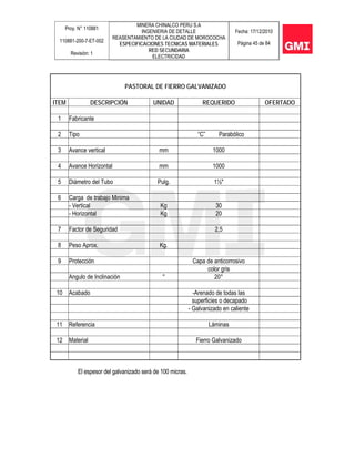 Proy. N° 110881
110881-200-7-ET-002
Revisión: 1
MINERA CHINALCO PERU S.A
INGENIERIA DE DETALLE
REASENTAMIENTO DE LA CIUDAD DE MOROCOCHA
ESPECIFICACIONES TECNICAS MATERIALES
RED SECUNDARIA
ELECTRICIDAD
Fecha: 17/12/2010
Página 45 de 84
PASTORAL DE FIERRO GALVANIZADO
ITEM DESCRIPCIÓN UNIDAD REQUERIDO OFERTADO
1 Fabricante
2 Tipo “C” Parabólico
3 Avance vertical mm 1000
4 Avance Horizontal mm 1000
5 Diámetro del Tubo Pulg. 1½"
6 Carga de trabajo Minima
- Vertical Kg 30
- Horizontal Kg 20
7 Factor de Seguridad 2,5
8 Peso Aprox. Kg.
9 Protección Capa de anticorrosivo
color gris
Angulo de Inclinación ° 20°
10 Acabado -Arenado de todas las
superficies o decapado
- Galvanizado en caliente
11 Referencia Láminas
12 Material Fierro Galvanizado
El espesor del galvanizado será de 100 micras.
 