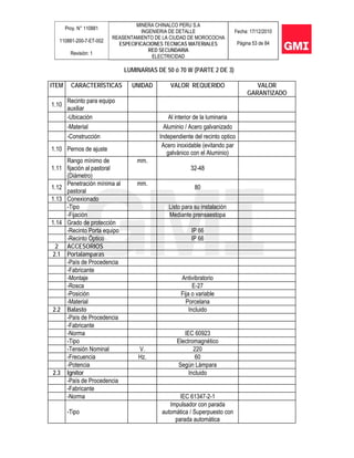 Proy. N° 110881
110881-200-7-ET-002
Revisión: 1
MINERA CHINALCO PERU S.A
INGENIERIA DE DETALLE
REASENTAMIENTO DE LA CIUDAD DE MOROCOCHA
ESPECIFICACIONES TECNICAS MATERIALES
RED SECUNDARIA
ELECTRICIDAD
Fecha: 17/12/2010
Página 53 de 84
LUMINARIAS DE 50 ó 70 W (PARTE 2 DE 3)
ITEM CARACTERÍSTICAS UNIDAD VALOR REQUERIDO VALOR
GARANTIZADO
1.10
Recinto para equipo
auxiliar
-Ubicación Al interior de la luminaria
-Material Aluminio / Acero galvanizado
-Construcción Independiente del recinto optico
1.10 Pernos de ajuste
Acero inoxidable (evitando par
galvánico con el Aluminio)
1.11
Rango mínimo de
fijación al pastoral
(Diámetro)
mm.
32-48
1.12
Penetración mínima al
pastoral
mm.
80
1.13 Conexionado
-Tipo Listo para su instalación
-Fijación Mediante prensaestopa
1.14 Grado de protección
-Recinto Porta equipo IP 66
-Recinto Óptico IP 66
2 ACCESORIOS
2.1 Portalámparas
-País de Procedencia
-Fabricante
-Montaje Antivibratorio
-Rosca E-27
-Posición Fija o variable
-Material Porcelana
2.2 Balasto Incluido
-País de Procedencia
-Fabricante
-Norma IEC 60923
-Tipo Electromagnético
-Tensión Nominal V. 220
-Frecuencia Hz. 60
-Potencia Según Lámpara
2.3 Ignitor Incluido
-País de Procedencia
-Fabricante
-Norma IEC 61347-2-1
-Tipo
Impulsador con parada
automática / Superpuesto con
parada automática
 