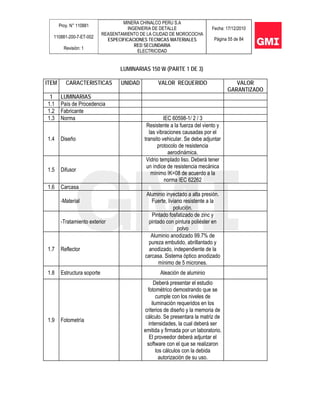 Proy. N° 110881
110881-200-7-ET-002
Revisión: 1
MINERA CHINALCO PERU S.A
INGENIERIA DE DETALLE
REASENTAMIENTO DE LA CIUDAD DE MOROCOCHA
ESPECIFICACIONES TECNICAS MATERIALES
RED SECUNDARIA
ELECTRICIDAD
Fecha: 17/12/2010
Página 55 de 84
LUMINARIAS 150 W (PARTE 1 DE 3)
ITEM CARACTERISTICAS UNIDAD VALOR REQUERIDO VALOR
GARANTIZADO
1 LUMINARIAS
1.1 País de Procedencia
1.2 Fabricante
1.3 Norma IEC 60598-1/ 2 / 3
1.4 Diseño
Resistente a la fuerza del viento y
las vibraciones causadas por el
transito vehicular. Se debe adjuntar
protocolo de resistencia
aerodinámica.
1.5 Difusor
Vidrio templado liso. Deberá tener
un índice de resistencia mecánica
mínimo IK=08 de acuerdo a la
norma IEC 62262
1.6 Carcasa
-Material
Aluminio inyectado a alta presión.
Fuerte, liviano resistente a la
polución.
-Tratamiento exterior
Pintado fosfatizado de zinc y
pintado con pintura poliéster en
polvo
1.7 Reflector
Aluminio anodizado 99.7% de
pureza embutido, abrillantado y
anodizado, independiente de la
carcasa. Sistema óptico anodizado
mínimo de 5 micrones.
1.8 Estructura soporte Aleación de aluminio
1.9 Fotometría
Deberá presentar el estudio
fotométrico demostrando que se
cumple con los niveles de
iluminación requeridos en los
criterios de diseño y la memoria de
cálculo. Se presentara la matriz de
intensidades, la cual deberá ser
emitida y firmada por un laboratorio.
El proveedor deberá adjuntar el
software con el que se realizaron
los cálculos con la debida
autorización de su uso.
 