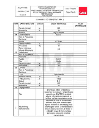 Proy. N° 110881
110881-200-7-ET-002
Revisión: 1
MINERA CHINALCO PERU S.A
INGENIERIA DE DETALLE
REASENTAMIENTO DE LA CIUDAD DE MOROCOCHA
ESPECIFICACIONES TECNICAS MATERIALES
RED SECUNDARIA
ELECTRICIDAD
Fecha: 17/12/2010
Página 57 de 84
LUMINARIAS DE 150 W (PARTE 3 DE 3)
ITEM CARACTERÍSTICAS UNIDAD VALOR REQUERIDO VALOR
GARANTIZADO
-Tensión Nominal V. 220
-Frecuencia Hz. 60
-Potencia Según Lámpara
2.4 Condensadores Incluido
-País de Procedencia
-Fabricante
-Norma IEC 61048
-Tensión Nominal V. 220
-Frecuencia Hz. 60
-Factor mínimo de
potencia del conjunto
0.9
2.5 Porta fusible
-País de Procedencia
-Fabricante
-Fusible Incluido
-Tipo Bipolar
-Tensión Nominal V. 220
-Frecuencia Hz. 60
2.6 Lámpara
-País de Procedencia
-Fabricante
- Tipo Vapor de sodio
-Potencia nominal W 150
- Vida util minima h 16500
-Socket E-40
-Tensión Nominal V. 220
-Frecuencia Hz. 60
2.7 Empaquetadura
-Tipo
El empaque deberá ser de silicona
resistente a los rayos UV y temperatura de
operación de -30 a 150°C, se deberá
adjuntar información técnica donde se
verifique que la empaquetadura cumpla
3
Instalación y
mantenimiento
Instalación de cable de acometida a la
luminaria debe pasar al recinto de los
equipos auxiliares sin dificultad alguna El
sistema óptico brinda un facil acceso a la
lampara para su reposicion. El difusor se
debe abrir sin uso de herramientas y
permanecer suspendido durante el
mantenimiento
 