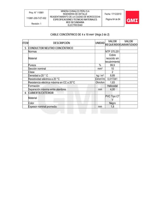 Proy. N° 110881
110881-200-7-ET-002
Revisión: 1
MINERA CHINALCO PERU S.A
INGENIERIA DE DETALLE
REASENTAMIENTO DE LA CIUDAD DE MOROCOCHA
ESPECIFICACIONES TECNICAS MATERIALES
RED SECUNDARIA
ELECTRICIDAD
Fecha: 17/12/2010
Página 64 de 84
CABLE CONCÉNTRICO DE 4 x 10 mm2 (Hoja 2 de 2)
ITEM DESCRIPCIÓN UNIDAD
VALOR
REQUERIDO
VALOR
GARANTIZADO
5 CONDUCTOR NEUTRO CONCÉNTRICO
Normas NTP 370.251
Material
Cobre
recocido sin
recubrimiento
Pureza % 99,9
Sección nominal mm2 10
Clase 2
Densidad a 20 ° C kg / m3 8,89
Resistividad eléctrica a 20 °C Ωmm2/m 0,017241
Resistencia eléctrica máxima en CC a 20°C Ohm/km 1,83
Formación Helicoidal
Separación máxima entre alambres mm 4,00
6 CUBIERTA EXTERIOR
Material
PVC Tipo CT
V
Color Negro
Espesor nominal promedio mm 1,8
 