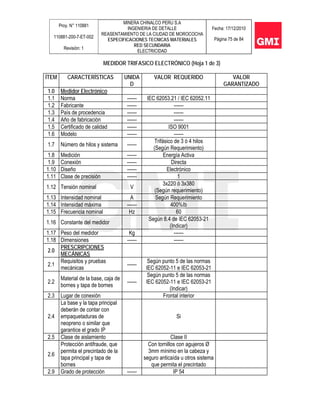 Proy. N° 110881
110881-200-7-ET-002
Revisión: 1
MINERA CHINALCO PERU S.A
INGENIERIA DE DETALLE
REASENTAMIENTO DE LA CIUDAD DE MOROCOCHA
ESPECIFICACIONES TECNICAS MATERIALES
RED SECUNDARIA
ELECTRICIDAD
Fecha: 17/12/2010
Página 75 de 84
MEDIDOR TRIFASICO ELECTRÓNICO (Hoja 1 de 3)
ÍTEM CARACTERÍSTICAS UNIDA
D
VALOR REQUERIDO VALOR
GARANTIZADO
1.0 Medidor Electrónico
1.1 Norma ------ IEC 62053.21 / IEC 62052.11
1.2 Fabricante ------ ------
1.3 País de procedencia ------ ------
1.4 Año de fabricación ------ ------
1.5 Certificado de calidad ------ ISO 9001
1.6 Modelo ------ ------
1.7 Número de hilos y sistema ------
Trifásico de 3 ó 4 hilos
(Según Requerimiento)
1.8 Medición ------ Energía Activa
1.9 Conexión ------ Directa
1.10 Diseño ------ Electrónico
1.11 Clase de precisión ------ 1
1.12 Tensión nominal V
3x220 ó 3x380
(Según requerimiento)
1.13 Intensidad nominal A Según Requerimiento
1.14 Intensidad máxima ------ 400%Ib
1.15 Frecuencia nominal Hz 60
1.16 Constante del medidor
Según 8.4 de IEC 62053-21
(Indicar)
1.17 Peso del medidor Kg ------
1.18 Dimensiones ------ ------
2.0
PRESCRIPCIONES
MECÁNICAS
2.1
Requisitos y pruebas
mecánicas
------
Según punto 5 de las normas
IEC 62052-11 e IEC 62053-21
2.2
Material de la base, caja de
bornes y tapa de bornes
------
Según punto 5 de las normas
IEC 62052-11 e IEC 62053-21
(Indicar)
2.3 Lugar de conexión Frontal interior
2.4
La base y la tapa principal
deberán de contar con
empaquetaduras de
neopreno o similar que
garantice el grado IP
Si
2.5 Clase de aislamiento Clase II
2.6
Protección antifraude, que
permita el precintado de la
tapa principal y tapa de
bornes
Con tornillos con agujeros Ø
3mm mínimo en la cabeza y
seguro anticaída u otros sistema
que permita el precintado
2.9 Grado de protección ------ IP 54
 