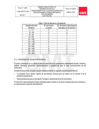 Proy. N° 110881
110881-200-7-ET-002
Revisión: 1
MINERA CHINALCO PERU S.A
INGENIERIA DE DETALLE
REASENTAMIENTO DE LA CIUDAD DE MOROCOCHA
ESPECIFICACIONES TECNICAS MATERIALES
RED SECUNDARIA
ELECTRICIDAD
Fecha: 17/12/2010
Página 8 de 84
Tabla 1. Plan de Muestreo y Aceptación
Tamaño del Lote N° de Postes N° de Postes defectuosos
(Postes) a extraer tolerados en la muestra
1 – 11 0 0
12 – 40 2 0
41 – 60 3 0
61 – 80 4 1
81 – 100 5 1
101 – 150 6 1
151 – 200 7 1
201 -250 8 2
251 - 300 9 2
301 - 350 10 2
351 - 400 11 2
4.1.3 INFORMACIÓN TÉCNICA REQUERIDA
El postor presentará con su oferta la tabla de datos técnicos garantizados debidamente llenada, firmada y
sellada. Asimismo, presentará recomendaciones y experiencias para el buen funcionamiento de los
suministros.
Complementariamente, el postor ganador deberá presentar la siguiente documentación técnica:
- Un ejemplar de la versión vigente de las Normas Técnicas que se indican en el numeral 2 de la
presente especificación.
- Recomendaciones para el transporte, montaje y mantenimiento de los suministros.
El costo de la documentación técnica solicitada estará incluido en el precio cotizado para los suministros y
su ausencia será causal de descalificación.
 
