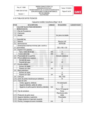 Proy. N° 110881
110881-200-7-ET-002
Revisión: 1
MINERA CHINALCO PERU S.A
INGENIERIA DE DETALLE
REASENTAMIENTO DE LA CIUDAD DE MOROCOCHA
ESPECIFICACIONES TECNICAS MATERIALES
RED SECUNDARIA
ELECTRICIDAD
Fecha: 17/12/2010
Página 81 de 84
4.10.7TABLA DE DATOS TECNICOS
Caja porta medidor monofásica (Hoja 1 de 2)
ITEM DESCRIPCION UNIDAD REQUERIDO GARANTIZADO
1
CAJA METALICA PARA MEDIDORES
MONOFASICOS
1.1 - Pais de Procedencia
1.2 - Fabricante
1.3 - Modelo Ver plano de detalle
2 CAJA METAL
2.1 - Material Plancha LAF
2.2 - Norma técnica ASTM 366
2.3
- Dimensiones externas mínimas (alto x ancho x
profundidad) 320 x 180 x 120
2.4 - Espesor de la plancha
Tapa y marco de la caja mm 2
Cuerpo de la caja mm 0,9
2.5 - Preparación de la superficie Arenado comercial
2.6 - Pintura anticorrosiva epóxico
Número de capas 1
Espesor por capa um 40
2.7 - Esmalte epóxico
Número de capas 2
Espesor por capa um 65
2.8 - Base polieretano
Número de capas 2
Espesor por capa um 25
2.9 - Color gris RAL 7032
2.10 - Unión de partes mecánicas por soldadura SI
2.11 - Tipos de corte
Cortes, agujeros, dobleces Por estampado
Agujeros laterales, salida de cables 2
Agujeros en parte superior derecha y laterales mm 30
2.12 - Tipo de cerradura
Perno 1/4"exagonal
Forza
2.13 - Protección de parte visora
Plancha de vidrio
doble
2.14 - Agujeros laterales y superiores Precortados
2.15 - Visagra giratoria en tapa lado izquierdo 2
2.16 - Pernos y viosagras de acero inoxidable mm SI
 