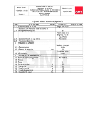 Proy. N° 110881
110881-200-7-ET-002
Revisión: 1
MINERA CHINALCO PERU S.A
INGENIERIA DE DETALLE
REASENTAMIENTO DE LA CIUDAD DE MOROCOCHA
ESPECIFICACIONES TECNICAS MATERIALES
RED SECUNDARIA
ELECTRICIDAD
Fecha: 17/12/2010
Página 82 de 84
Caja porta medidor monofásica (Hoja 2 de 2)
ITEM DESCRIPCION UNIDAD REQUERIDO GARANTIZADO
2.17 Suministro de riel de 35 mm Según DIN 50022
2.18
- accesorio para maniobrar desde el exterior el
interruptor termomagnético SI
2.19 - Datos de rotulado en bajo relieve
Razón social de la
Empresa, Tipo de
caja, Año de
Fabricación
2.20 - Rotulado en bajo relieve
3 TABLERO DE MADERA
3.1 - Tipo de madera
Ishpingo, mohena o
similar
3.2 - Espesor de la plancha mm 10
3.3 - Tratamiento
Doble base barniz
transp.
4 INTERRUPTOR TERMOMAGNETICO
4.1 Norma de fabricación y pruebas IEC 60947-2
4.2 Modelo
4.3 Polos 2
4.4 Corriente nominal A 25
4.5 Frecuencia Hz 60
4.6 Tensión nominal V 230
4.7 Tensión de aislamiento V 600
4.8 Capacidad de ruptura KA 10
 