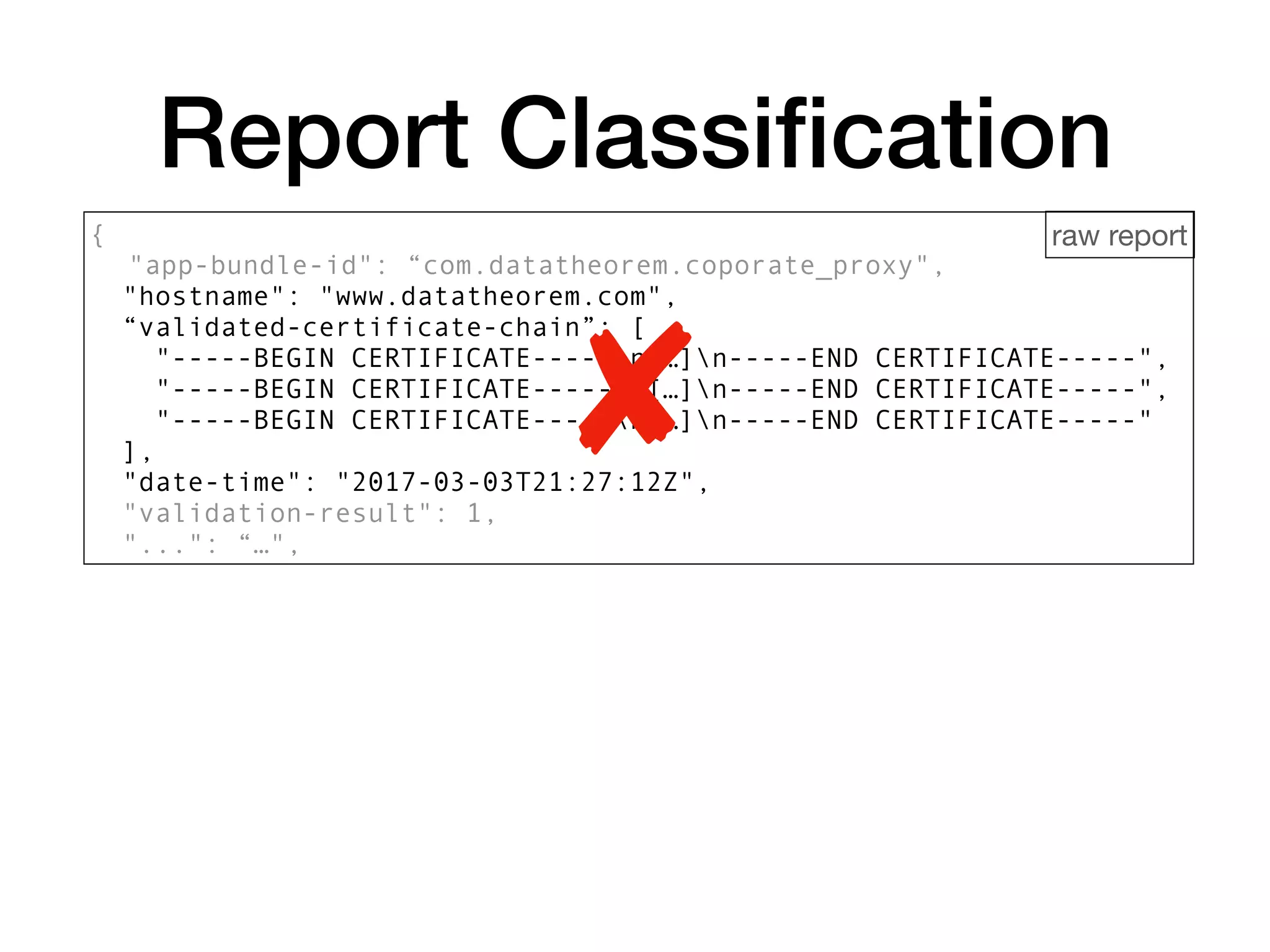 {
"app-bundle-id": “com.datatheorem.coporate_proxy",
"hostname": "www.datatheorem.com",
“validated-certificate-chain”: [
"-----BEGIN CERTIFICATE-----n[…]n-----END CERTIFICATE-----",
"-----BEGIN CERTIFICATE-----n[…]n-----END CERTIFICATE-----",
"-----BEGIN CERTIFICATE-----n[…]n-----END CERTIFICATE-----"
],
"date-time": "2017-03-03T21:27:12Z",
"validation-result": 1,
"...": “…",
Report Classiﬁcation
raw report
 