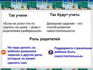 Так учили                 Так будут учить

«Если не успел что-то       Домашнее задание – это
сделать на уроке – дома с   способ развития
родителями разберешься».    самостоятельности.

                Роль родителей

  Не надо делать за             Поддержите стремление
  ребенка домашнее              ребенка быть
  задание и другие дела,        самостоятельным.
  которые он может
  сделать сам.
 