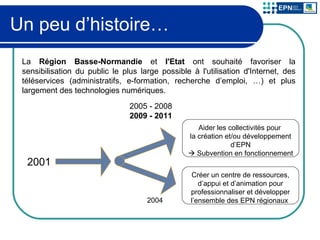 Un peu d’histoire… 2001 Aider les collectivités pour  la création et/ou développement d’EPN    Subvention en fonctionnement Créer un centre de ressources, d’appui et d’animation pour professionnaliser et développer l’ensemble des EPN régionaux  2005 - 2008 2009 - 2011 2004 La  Région Basse-Normandie  et  l'Etat  ont souhaité favoriser la sensibilisation du public le plus large possible à l'utilisation d'Internet, des téléservices (administratifs, e-formation, recherche d’emploi, …) et plus largement des technologies numériques. 