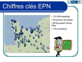 Chiffres clés EPN  113 EPN labellisés 65 porteurs de projets 98 Équivalent Temps Plein 170 animateurs 