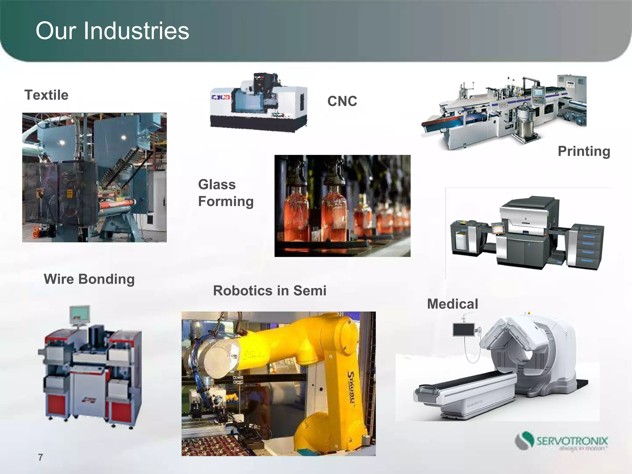 Our Industries

Textile                                  CNC


                                                         Printing

                     Glass
                     Forming




      Wire Bonding
                      Robotics in Semi
                                               Medical




  7
 